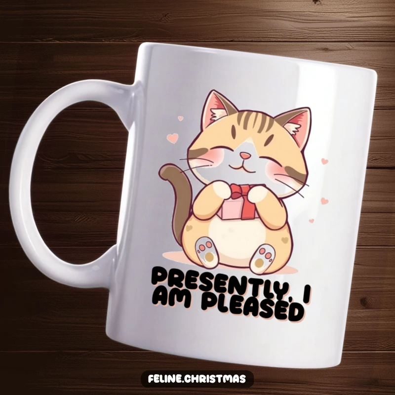 Funny mug with a contented cat rubbing against a festive gift, showcasing pure feline bliss and holiday spirit.