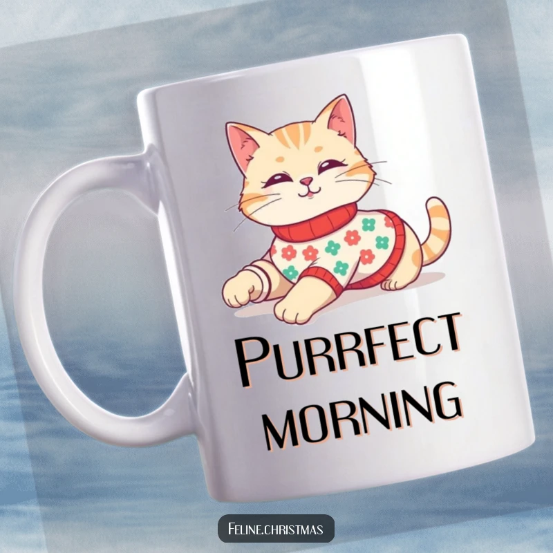 Funny mug with a cute cat comfortably stretching while wearing a festive holiday sweater, radiating coziness.