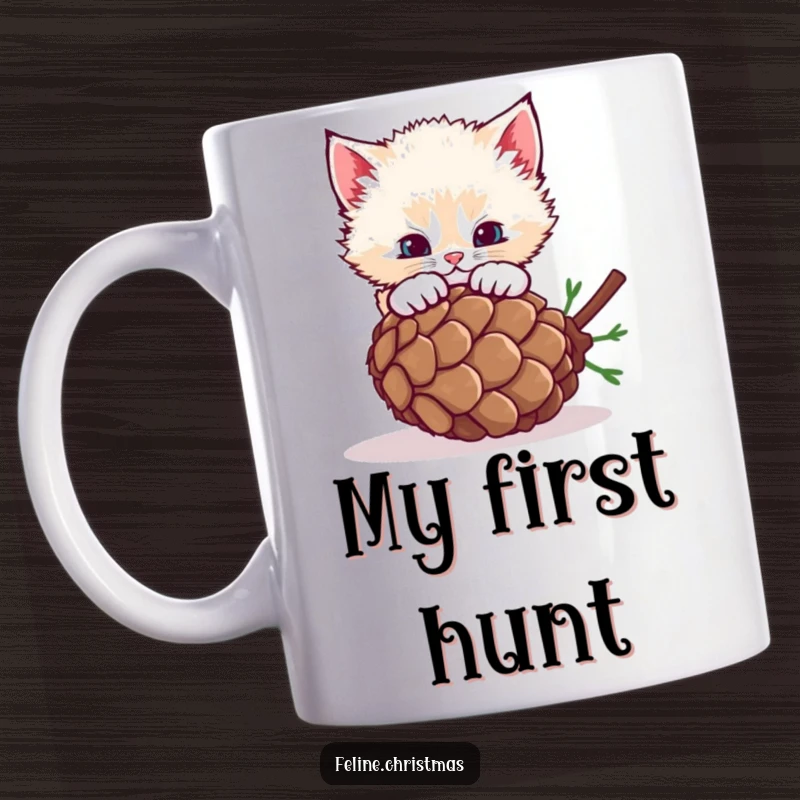Funny fluffy kitten mid-pounce on a rolling pinecone, captured in a charming and humorous design.