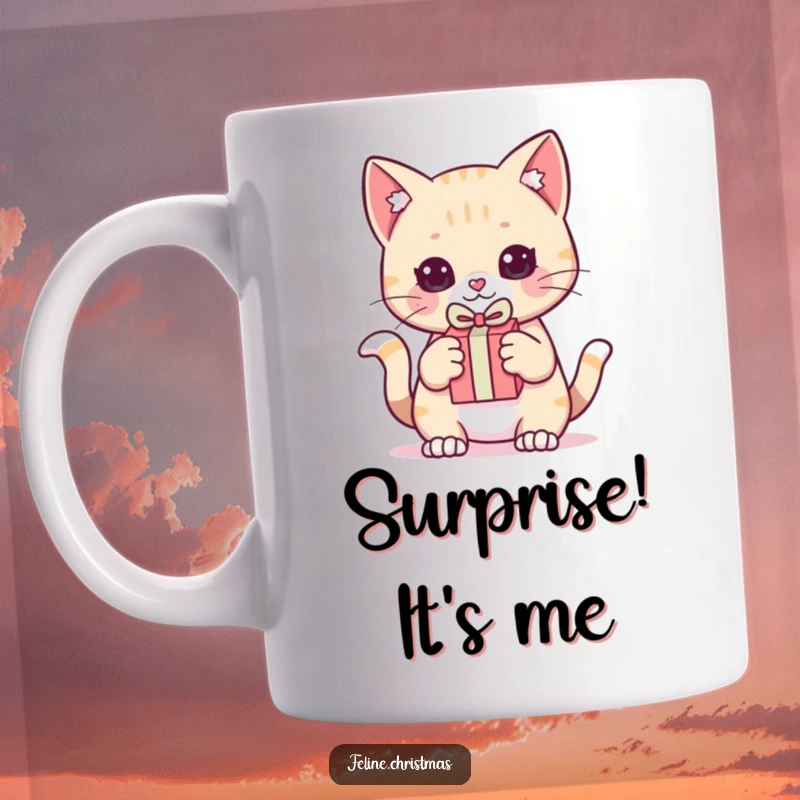 Funny Mug: Kawaii cat holding a tiny gift, poised and looking ready to pounce with mischievous excitement.