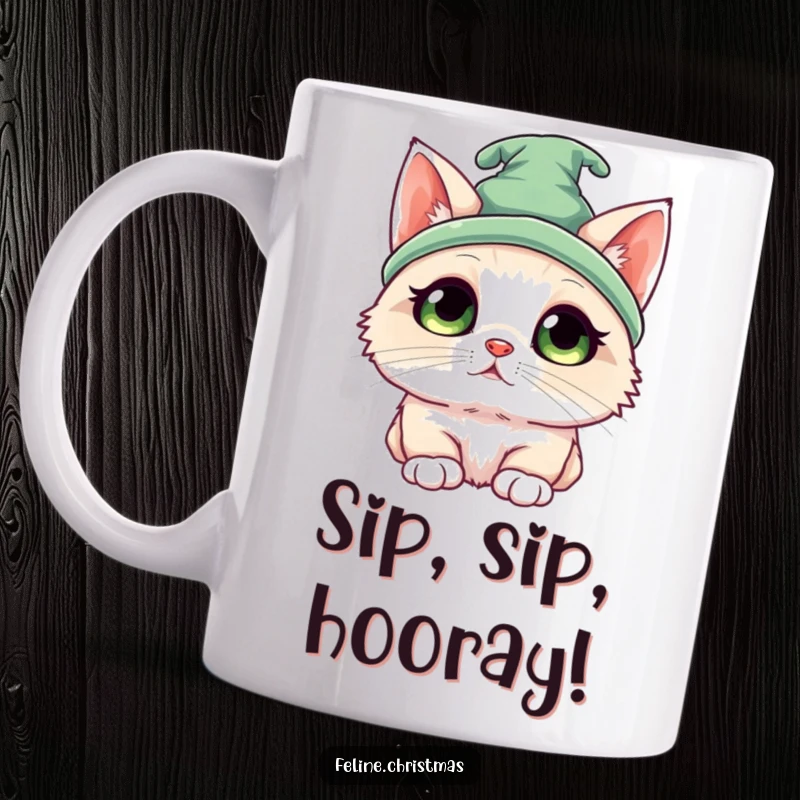 Funny Kawaii Ragdoll Elf Cat Mug: A cute cat with an elf hat gazing upwards with wide, innocent eyes, radiating holiday cuteness.
