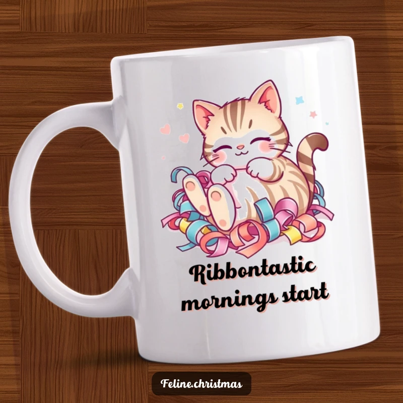 Funny Kawaii Striped Cat Ribbon Mug: A happy cat joyfully rolling in a pile of festive ribbon, embodying holiday fun.