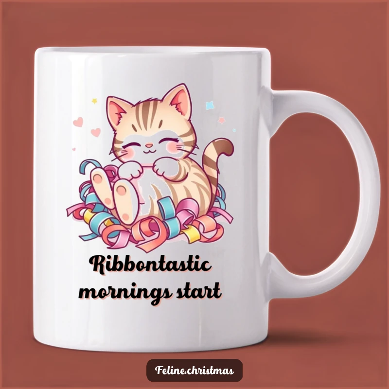 Funny Kawaii Striped Cat Ribbon Mug: Pure Joyful Holiday Humor for a Purrfect Gift!