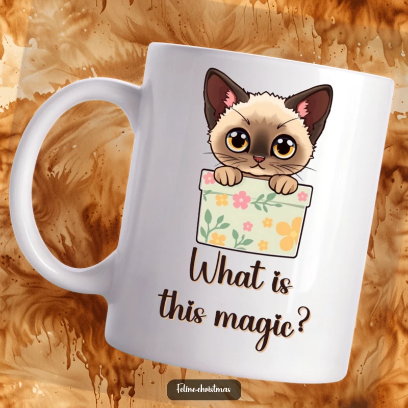 Funny mug featuring a Siamese cat peeking out of a decorated gift box with wide, curious eyes, embodying holiday excitement.
