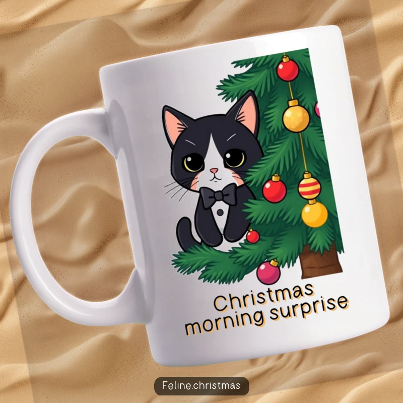 Funny tuxedo cat Christmas mug, a cute cat with a bow tie peeking from behind a decorated tree, embodying holiday stealth.