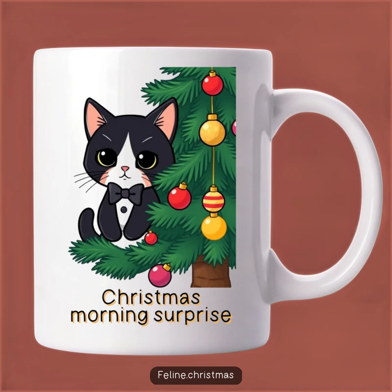 Funny Tuxedo Cat Christmas Mug: Hidden Kitty Behind Tree, Perfect Holiday Gift