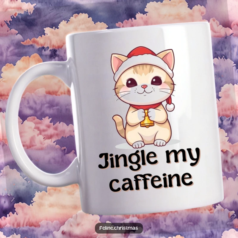 Funny kawaii cat wearing a Santa hat, holding a tiny bell, looking adorable on a festive mug.