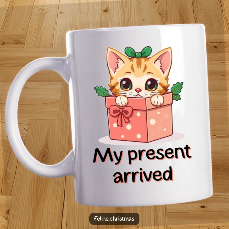 Funny cat mug: a curious kitten with wide eyes peeks out from inside a festive Christmas gift box, anticipating a surprise.