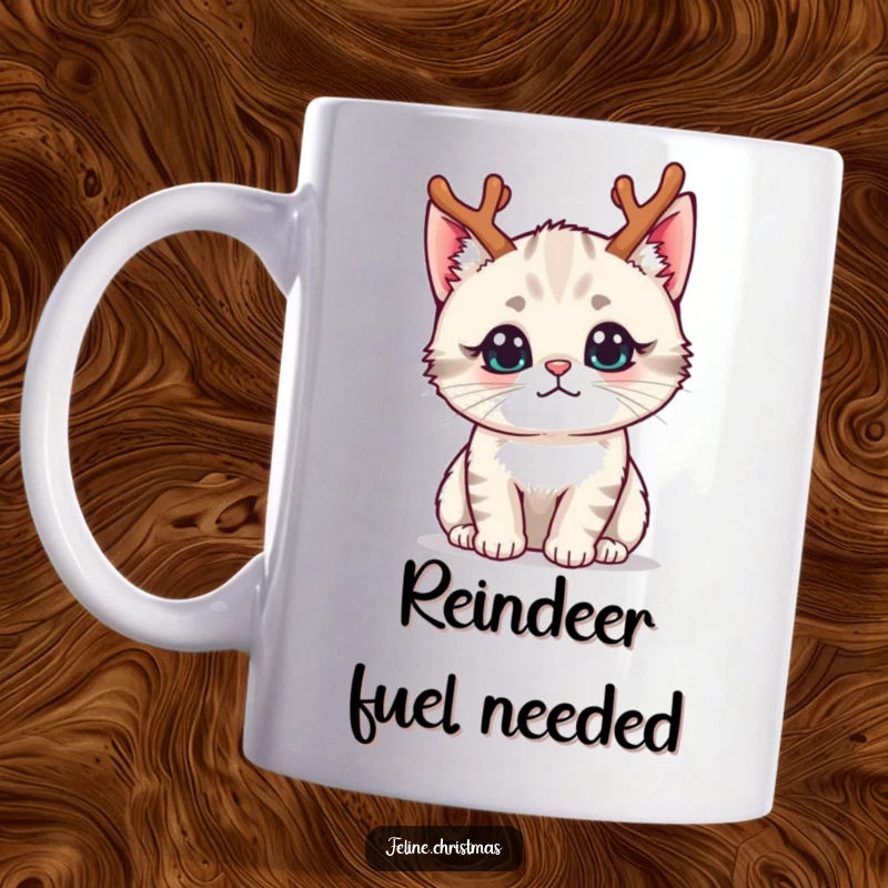 Funny kawaii cat wearing tiny reindeer antlers with a curious expression on a festive mug.