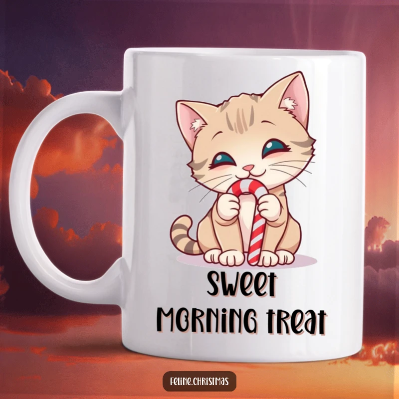 Funny mug showing a smiling cat curiously sniffing a red and white striped candy cane with intrigue.