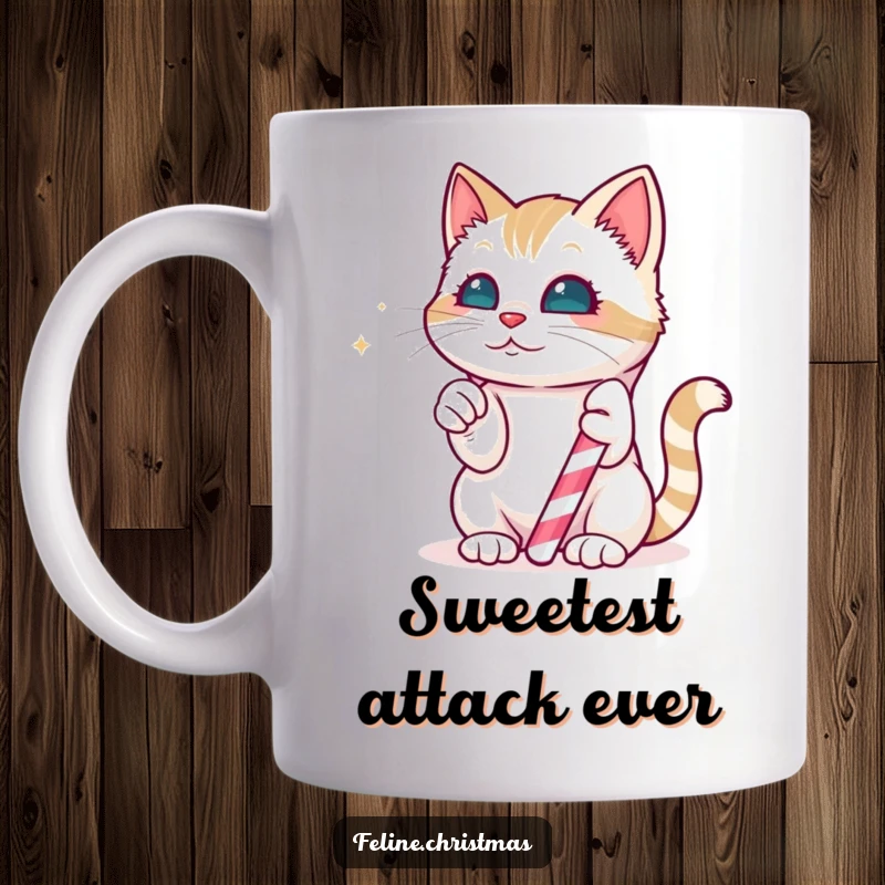 Funny Mug: Kawaii cat playfully batting at a magical, edible candy cane with festive holiday curiosity and delight.