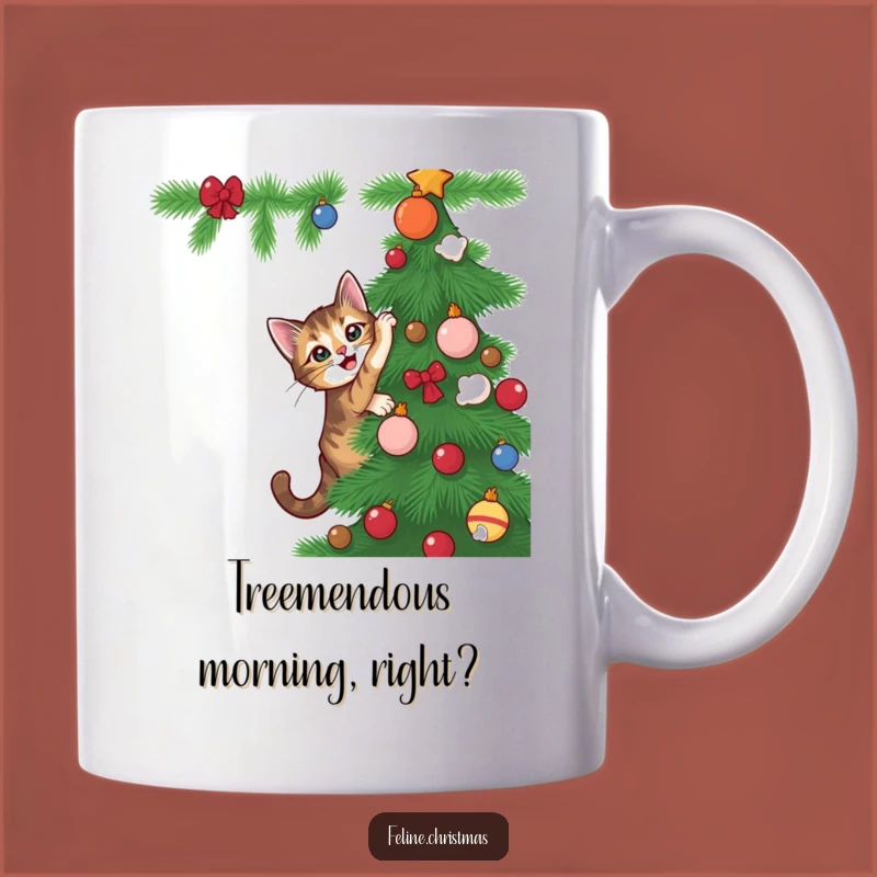 Funny Tabby Cat Climbing Tree Mug - Playful Holiday Feline Fun Gift