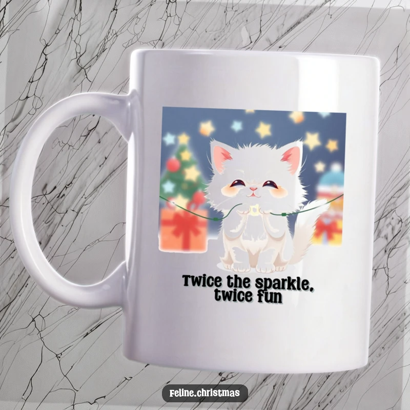 Funny Kawaii Fluffy White Cat Mug: A cute cat playfully batting at sparkling Christmas lights, embodying holiday mischief.