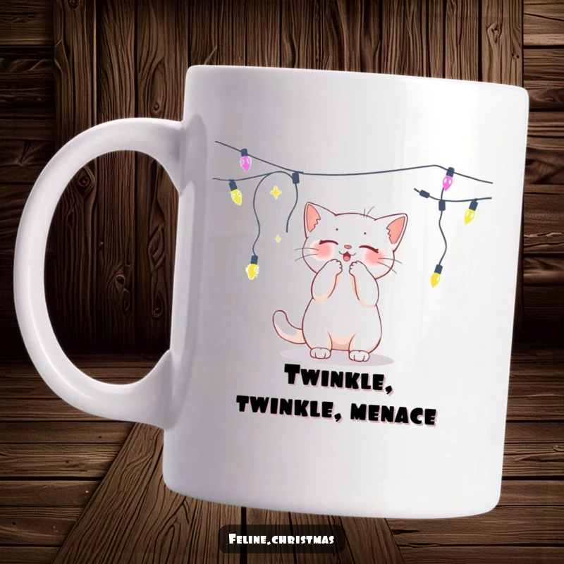 Funny white cat playfully batting at a dangling string of festive lights, captured on a humorous mug.