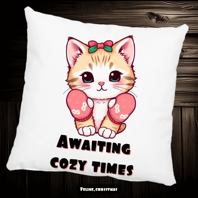 Funny kawaii pillow featuring a kitten with festive mittens, looking curious, soft and huggable home decor accent.