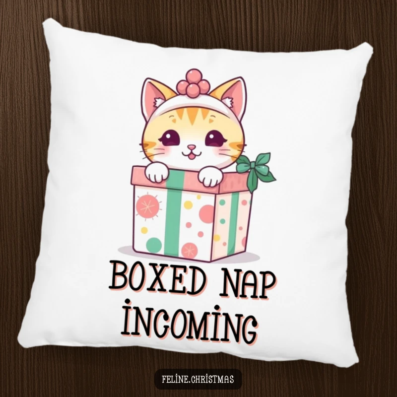 Funny kawaii cat peeking out from a decorated gift box, on a soft and decorative pillow.