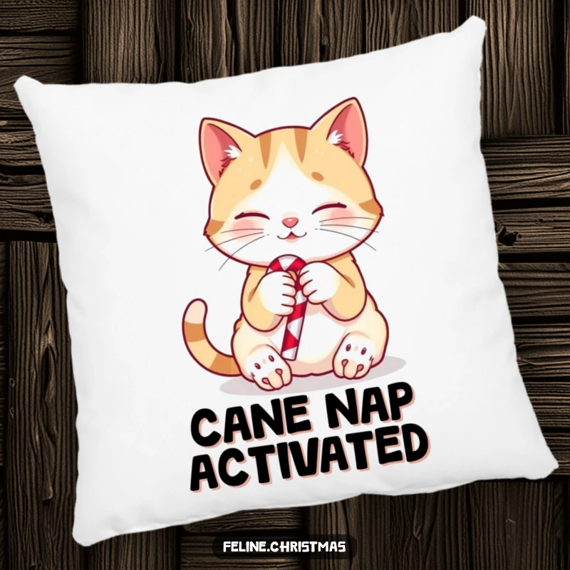 Funny cat pillow with a sweet kitten holding a candy cane, a cute and comfortable decorative accent.
