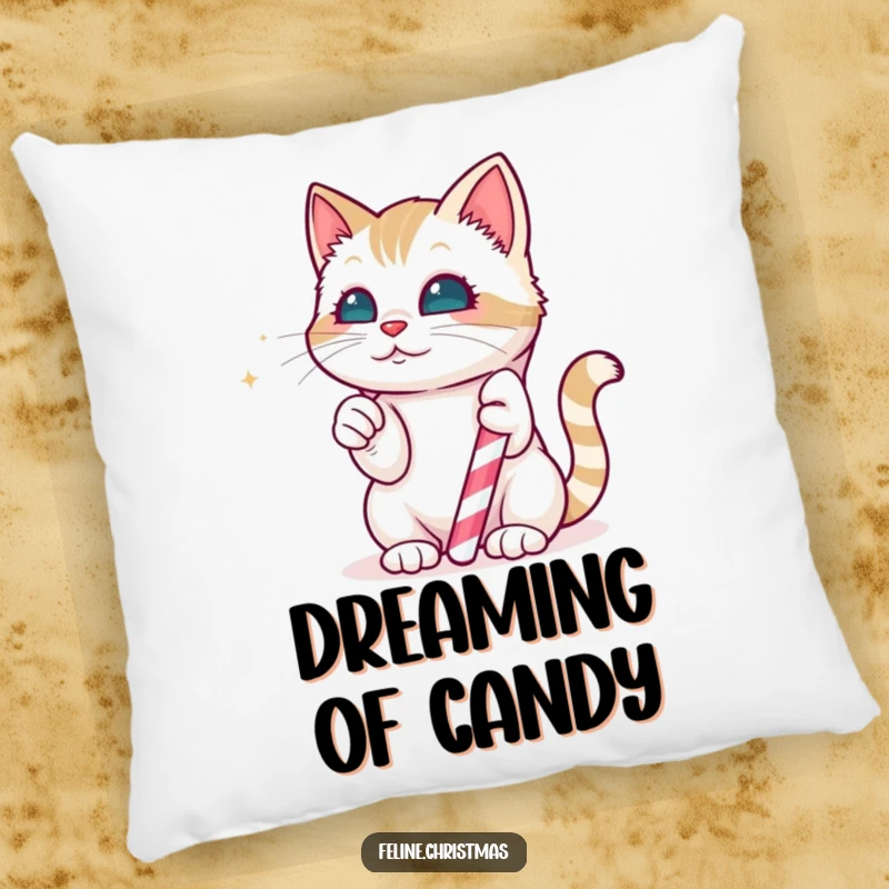 Funny Pillow: Kawaii cat playfully batting at a magical, edible candy cane, bringing cozy holiday cheer and sweetness.