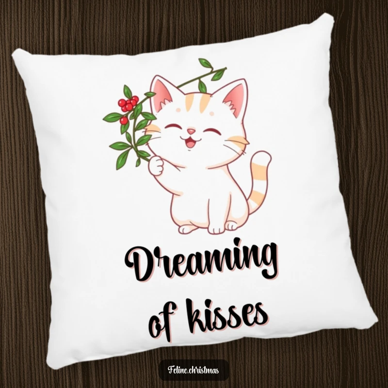 Funny cat with a joyful smile, playfully batting at a mistletoe sprig, featured on a soft and humorous throw pillow.