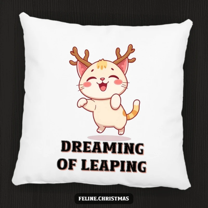 Funny pillow with a happy cat character, festive antlers, doing a joyful pounce, perfect for cozy holiday comfort.