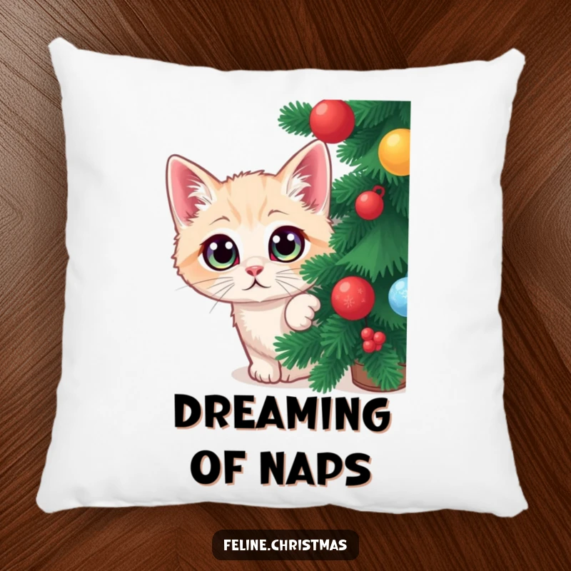 Funny Christmas pillow featuring a wide-eyed cat peeking from a tree, symbolizing holiday surprise and festive, playful moments.