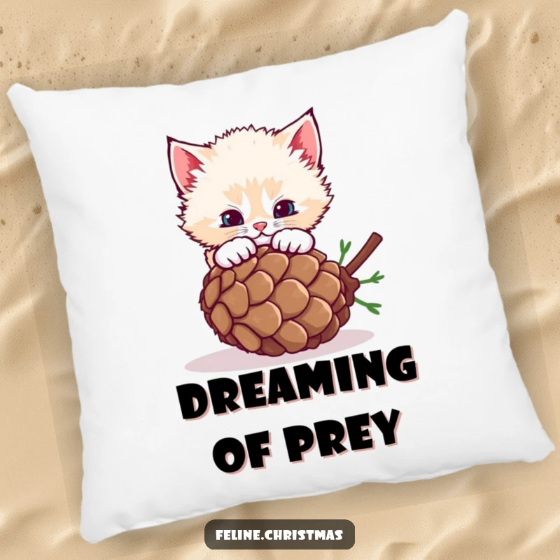 Funny fluffy kitten pouncing on a rolling pinecone, a plush pillow for ultimate comfort and fun.
