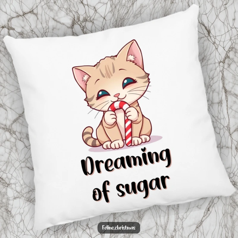 Funny pillow with a smiling cat curiously sniffing a candy cane, perfect for cozy holiday relaxation.