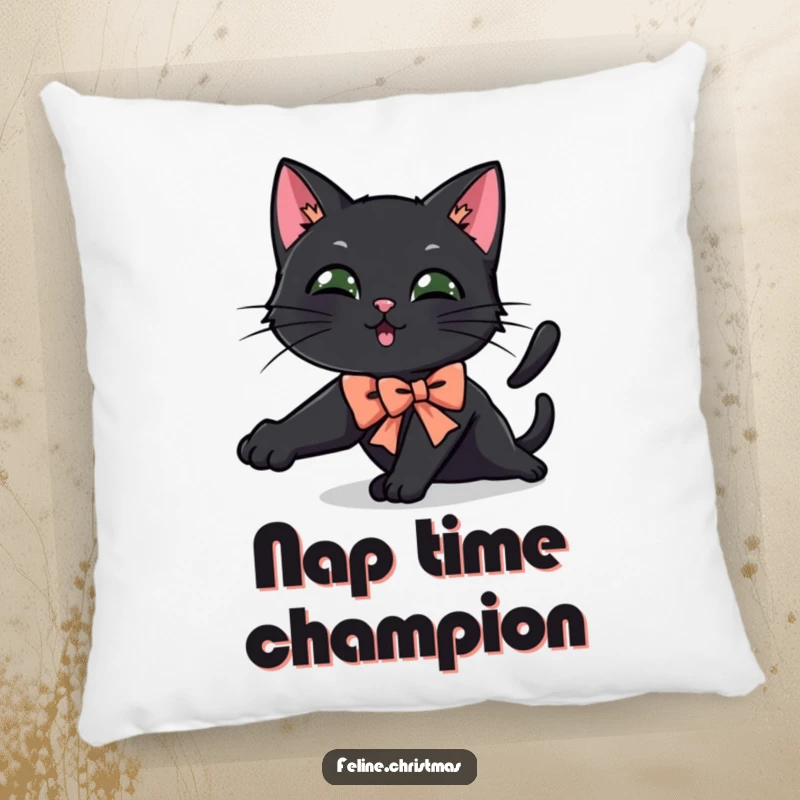 Funny black cat pillow showing a cat in a festive bow stretching playfully, perfect for adding comfort and humor.