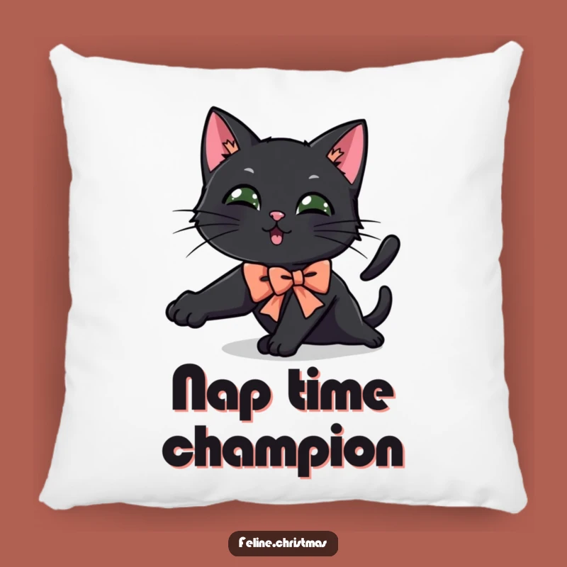 Funny Black Cat Festive Bow Pillow - Cozy Playful Cat Accent