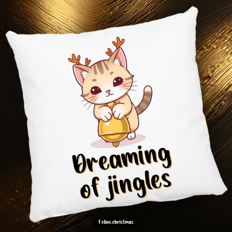 Funny Cat Antlers Pillow featuring a playful cat with antlers pouncing on a jingle bell, soft and humorous decor.