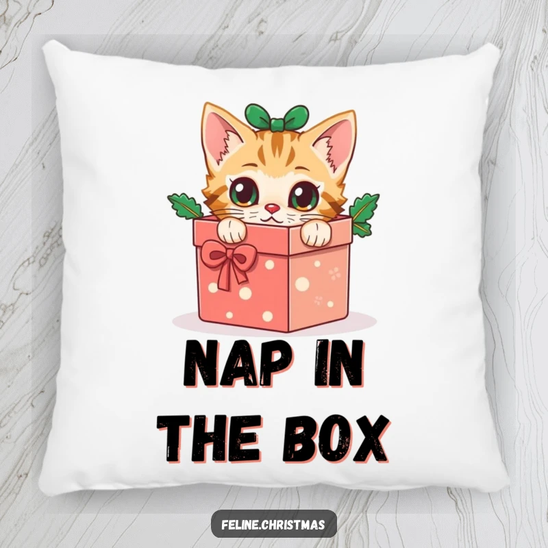Funny cat pillow: soft cushion featuring a curious kitten peeking from a festive Christmas gift box, adding holiday charm.