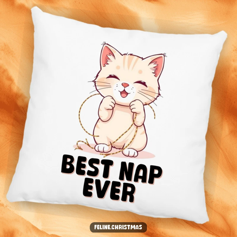 Funny Christmas pillow showing a happy cat joyfully entangled with shimmering tinsel, bringing festive cheer to any room.