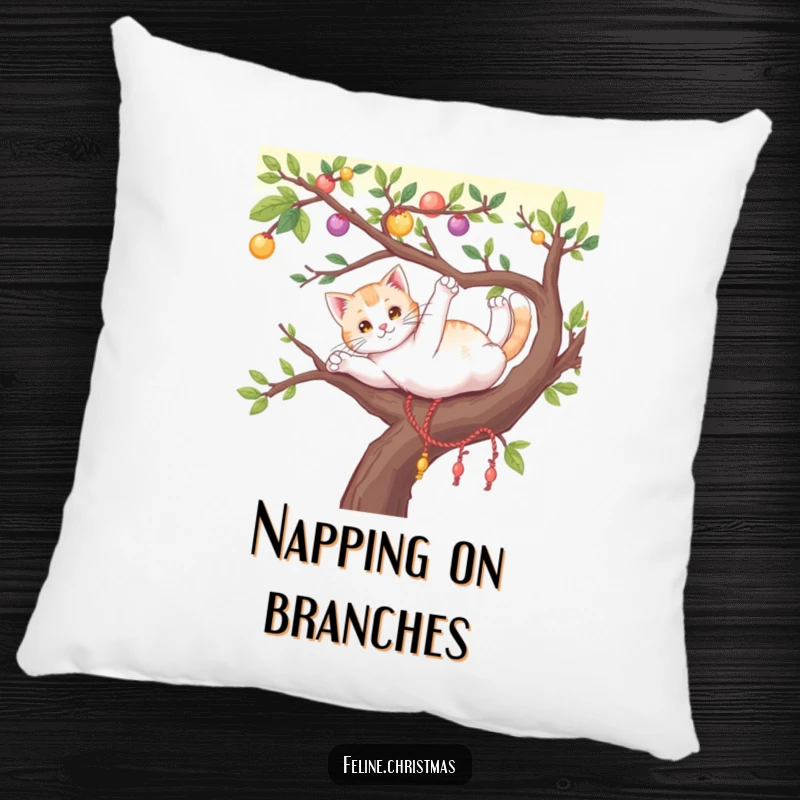 Funny cat in a playful stretch on a decorated Christmas tree branch, featured on a soft and humorous throw pillow.