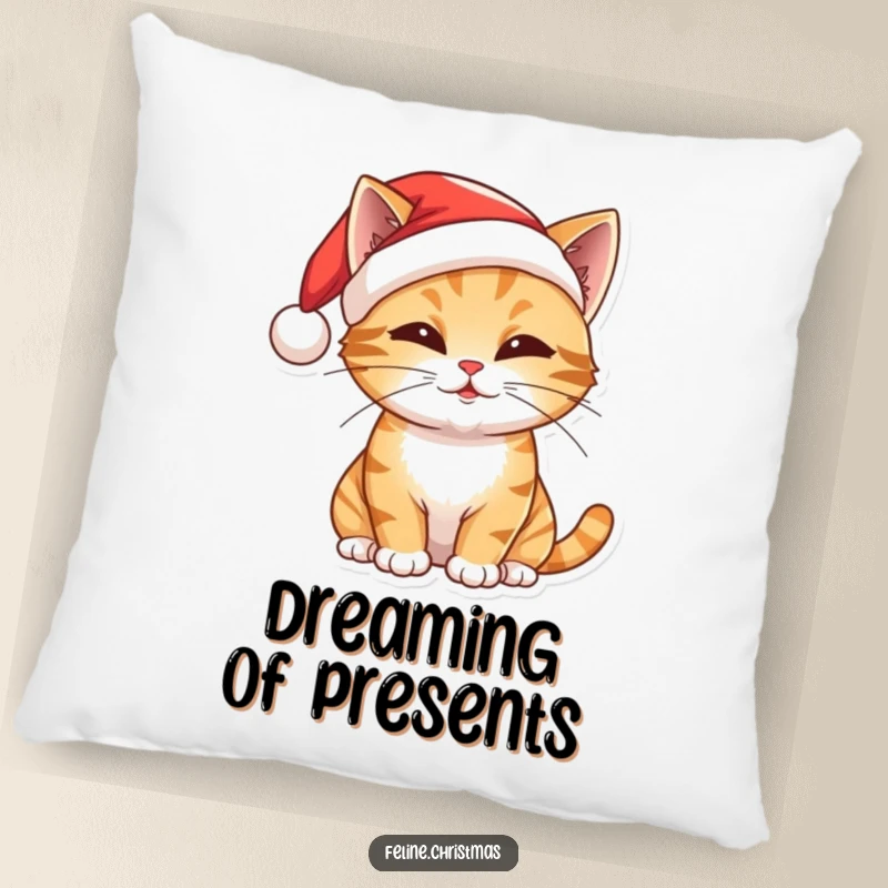 Funny Christmas pillow with a cat in a Santa hat, batting playfully, soft and humorous holiday home decor.