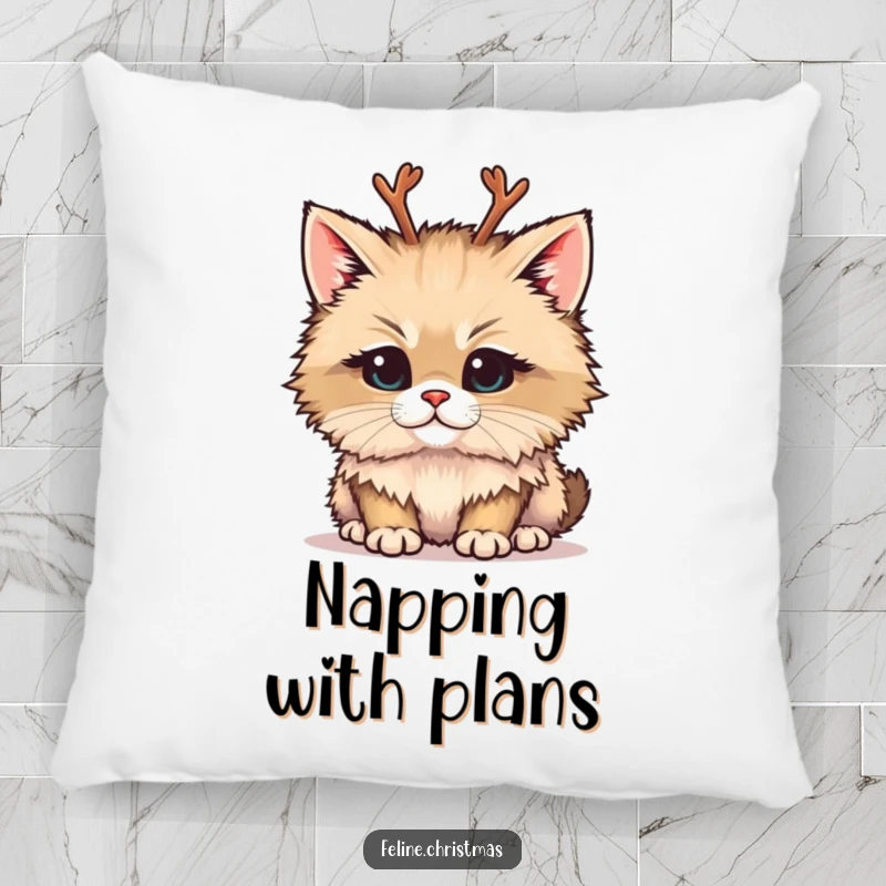 Funny and soft pillow featuring a fluffy cat with tiny reindeer antlers and a mischievous expression, perfect for decor.