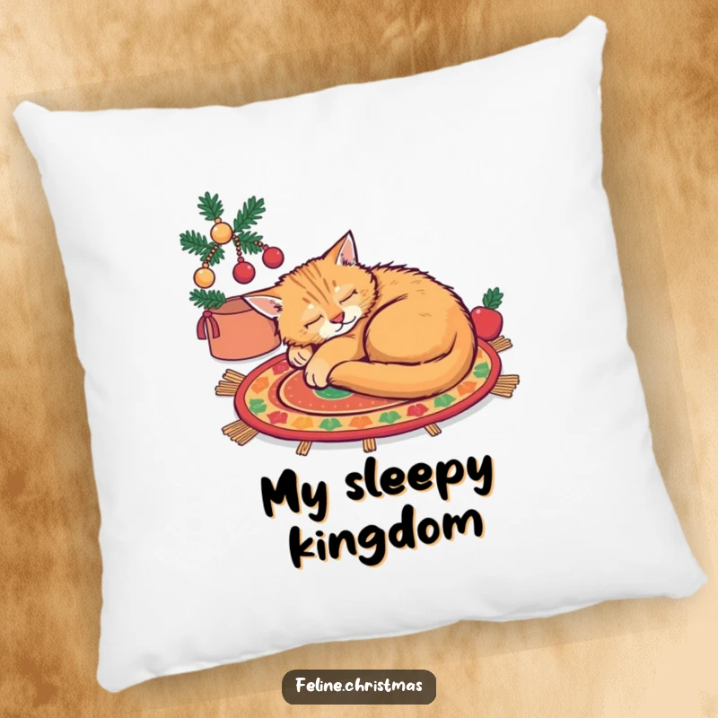 Funny ginger cat curled up asleep on a festive rug, a plush pillow for ultimate relaxation.