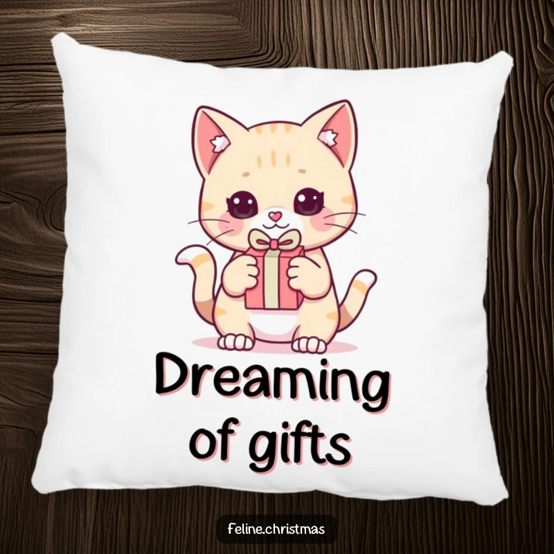 Funny Pillow: Kawaii cat holding a tiny gift, intently focused and ready to pounce with playful charm.