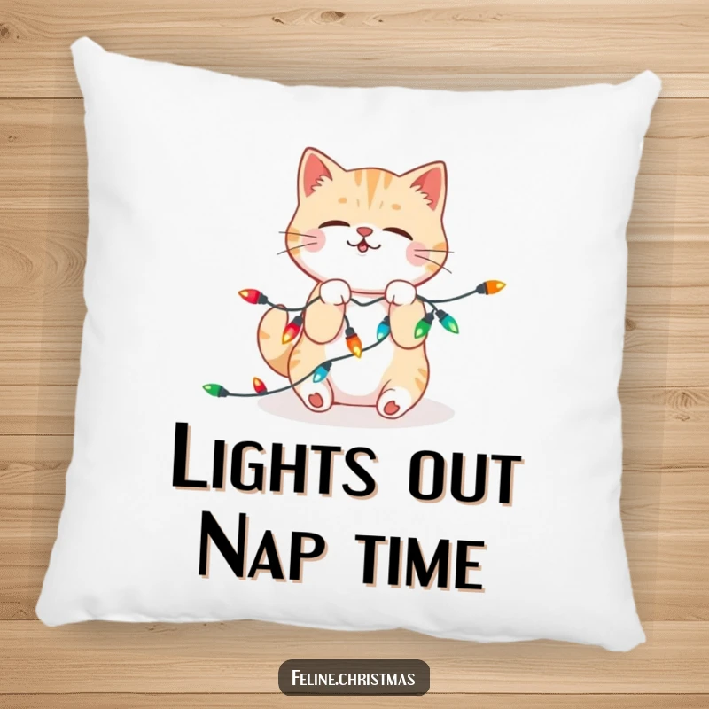 Funny Pillow: A kawaii cat playfully tangled in a string of bright, festive Christmas lights, bringing cozy holiday cheer.