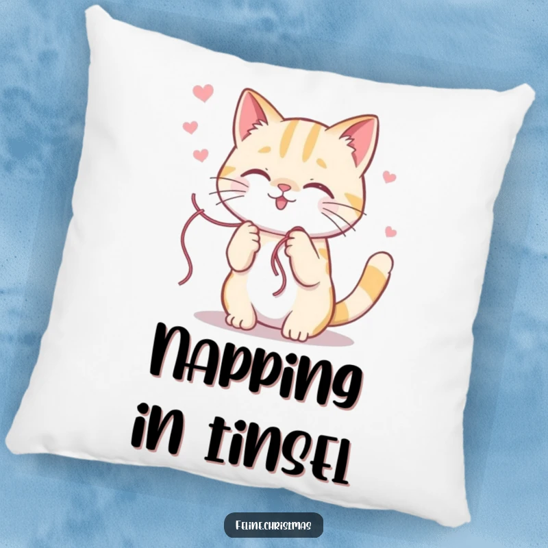 Funny kawaii cat character caught in a delightful tangle with shiny holiday tinsel, creating a soft and humorous throw pillow.