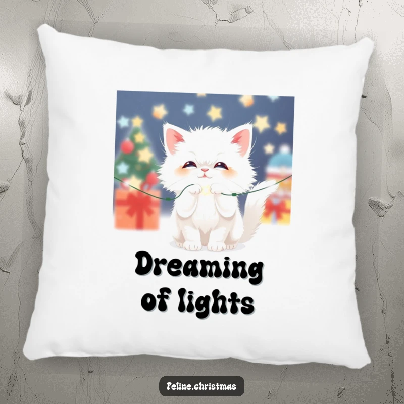 Funny Kawaii Fluffy White Cat Pillow: A cute cat batting at sparkling Christmas lights, bringing festive comfort and humor.