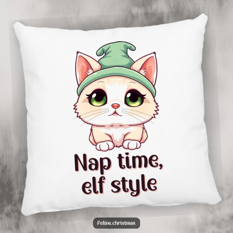 Funny Kawaii Ragdoll Elf Cat Pillow: A cute cat in an elf hat gazing upwards with innocent eyes, bringing festive comfort.