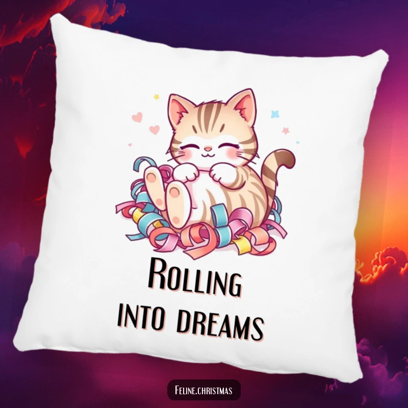 Funny Kawaii Striped Cat Ribbon Pillow: A happy cat joyfully rolling in festive ribbon, bringing festive comfort and humor.