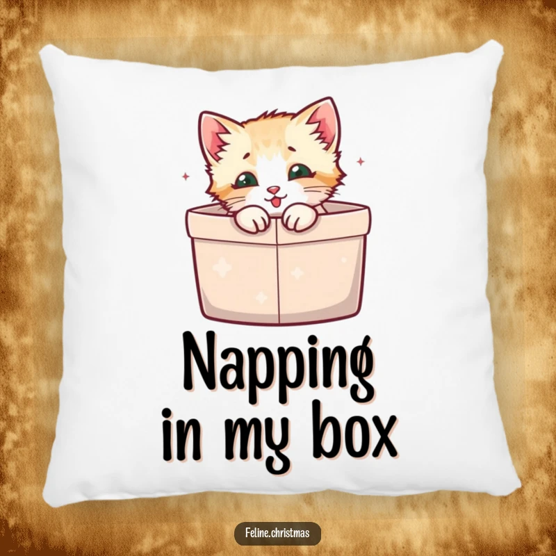 Funny Pillow: A kitten looking comfortable and happy inside a gift box, perfect for adding a cozy touch.
