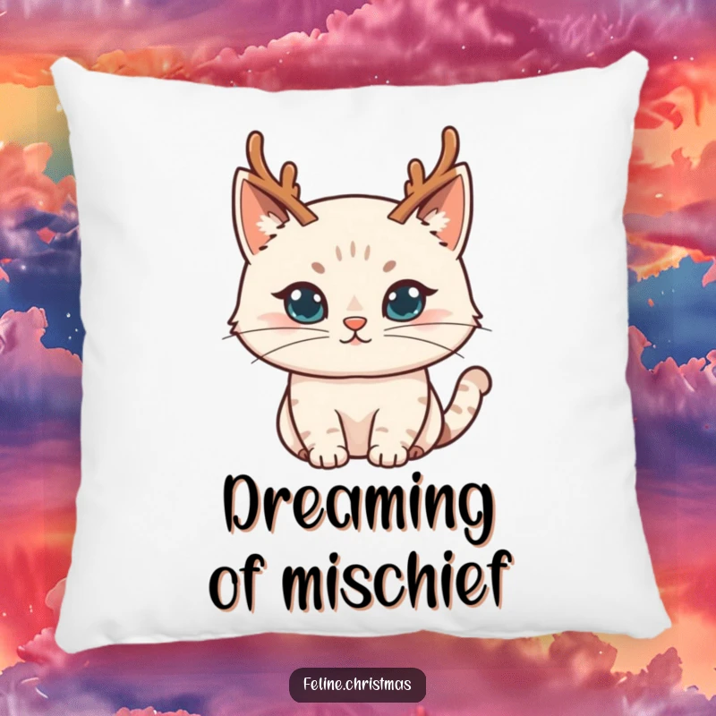 Funny cat character sporting miniature reindeer antlers with a sly, impish smile, featured on a soft and humorous throw pillow.