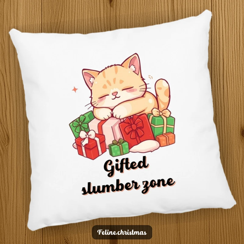 Funny cat pillow: soft cushion featuring a content cat napping on a pile of red and green Christmas presents, perfect for cozying up.