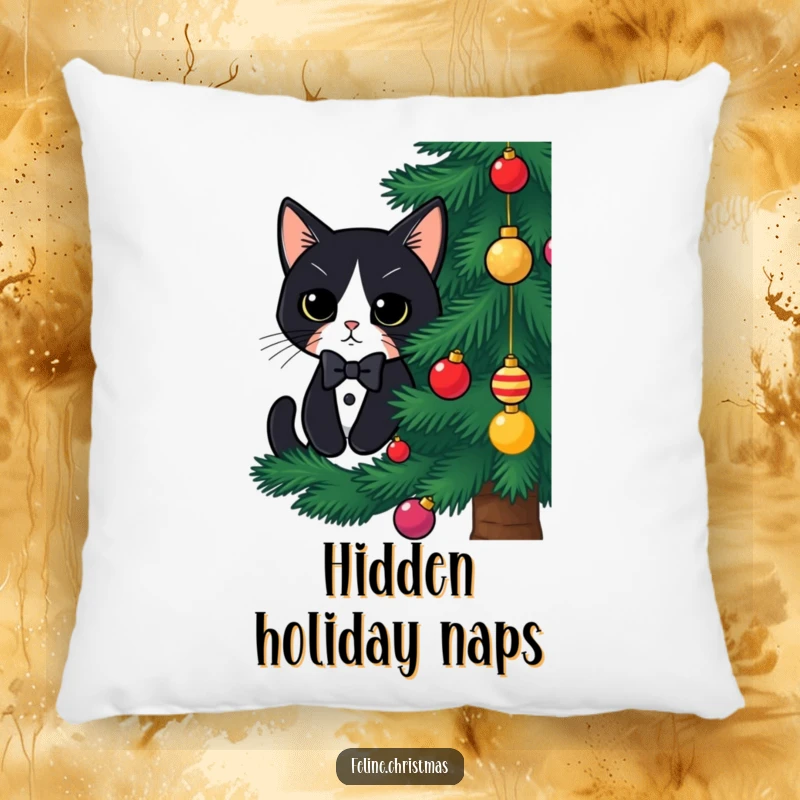 Funny tuxedo cat Christmas pillow, a cute cat peeking from behind a tree, offering soft comfort and holiday spirit.