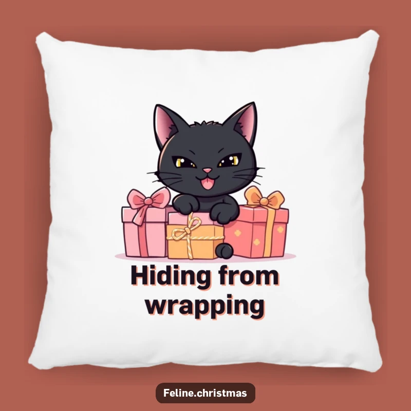 Funny Black Cat Hiding Presents Pillow - Comfy and Mysterious Accent