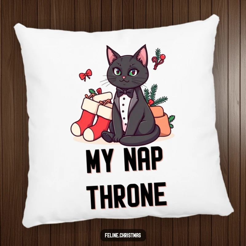 Funny pillow featuring a majestic tuxedo cat positioned regally beside a comical pile of holiday stockings, adding humorous flair.
