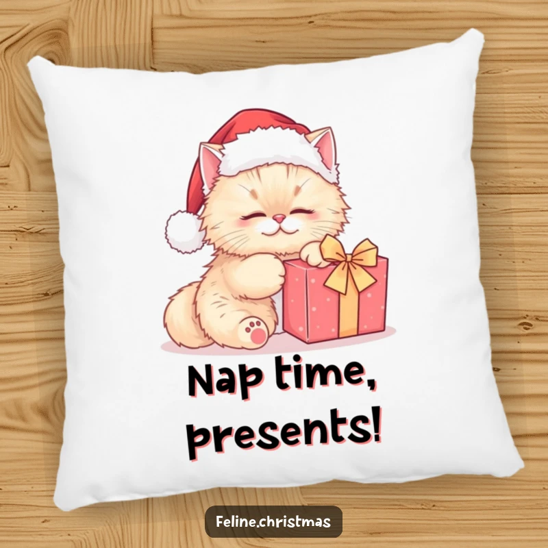 Funny Persian cat Santa pillow, a cute cat wearing a Santa hat kneading a gift, offering soft comfort and holiday spirit.