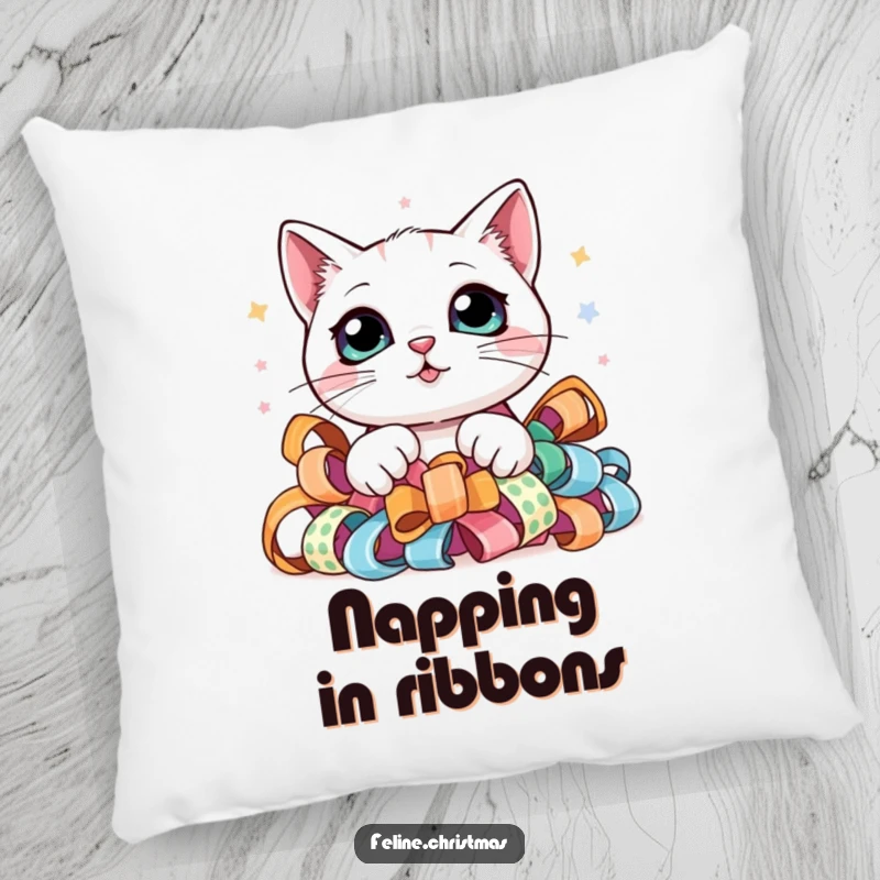 Funny pillow with a kawaii cat, big curious eyes peeking from festive ribbon, offering comfort and adorable appeal.